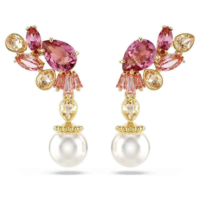 Party Drop Earrings for Glamorous-Swarovski Gema Pink Crystal Pearl Flower Drop Earrings