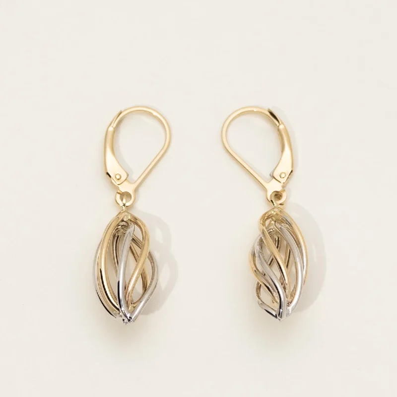 Romantic Drop Earrings for Loving-Swirl Leverback Drop Earrings in 14kt Yellow and White Gold