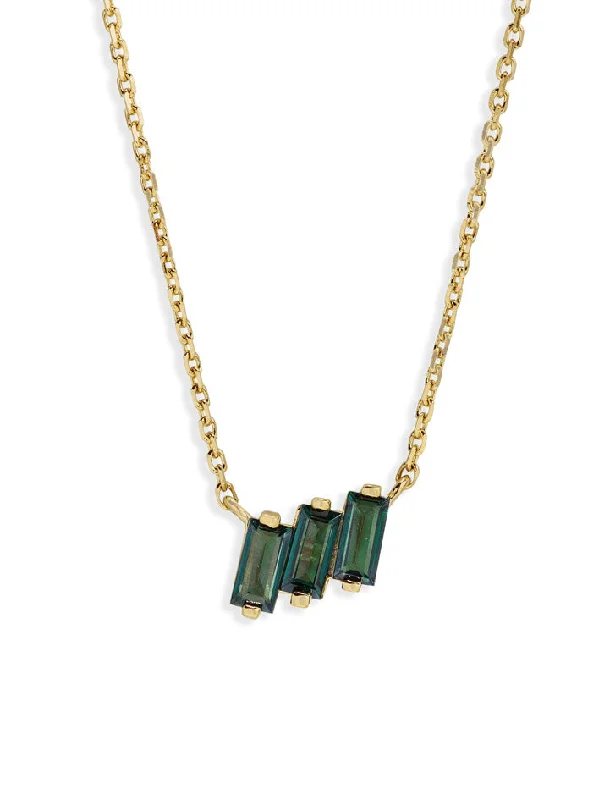 Crystal pendants on necklaces for unique and captivating jewelry choices -Three Baguette Green Envy Topaz Yellow Gold Necklace