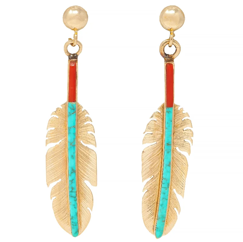 Heavy-Duty Drop Earrings for Durable-Turquoise Coral 14 Karat Yellow Gold Vintage Feather Drop Earrings