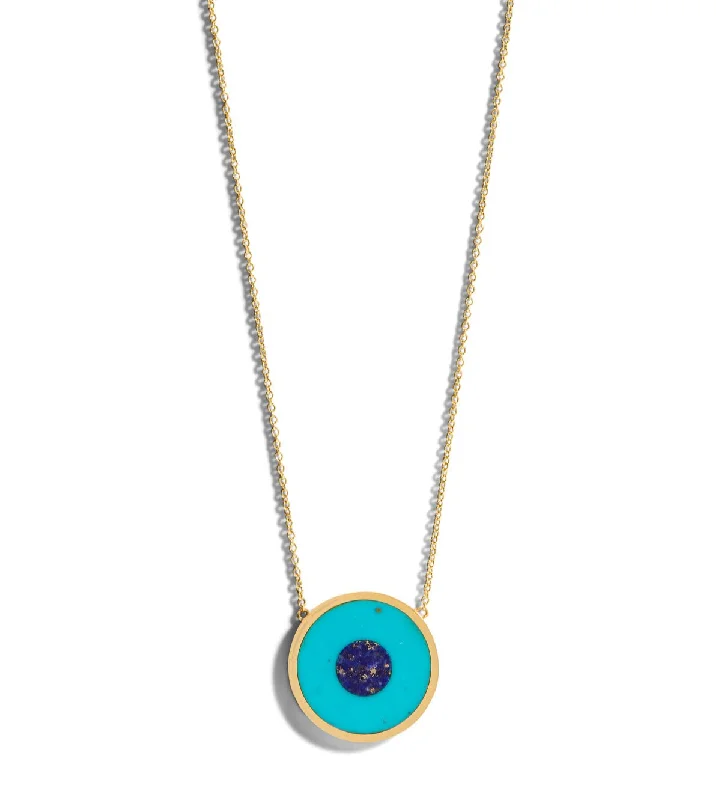 Minimalist bar pendant necklaces with clean, streamlined lines for a modern accessory -Turquoise Inlay with Lapis Center Evil Eye Yellow Gold Necklace