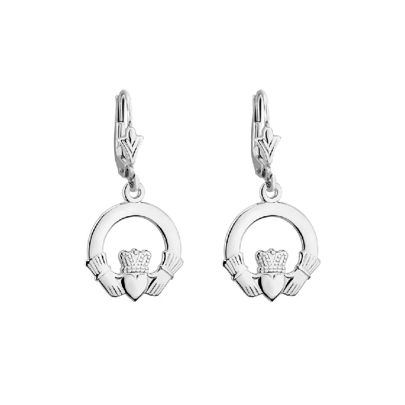 Oval Drop Earrings for Graceful-14K White Gold Claddagh Drop Earrings