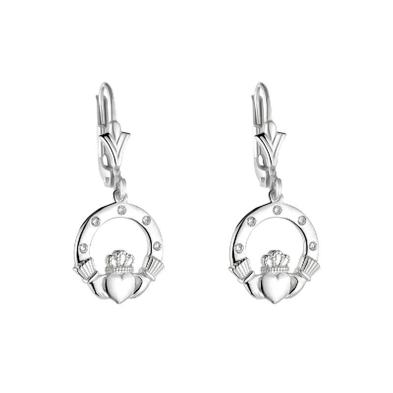 Small Drop Earrings for Delicate-14K White Gold Flush Set Diamond Claddagh Drop Earrings