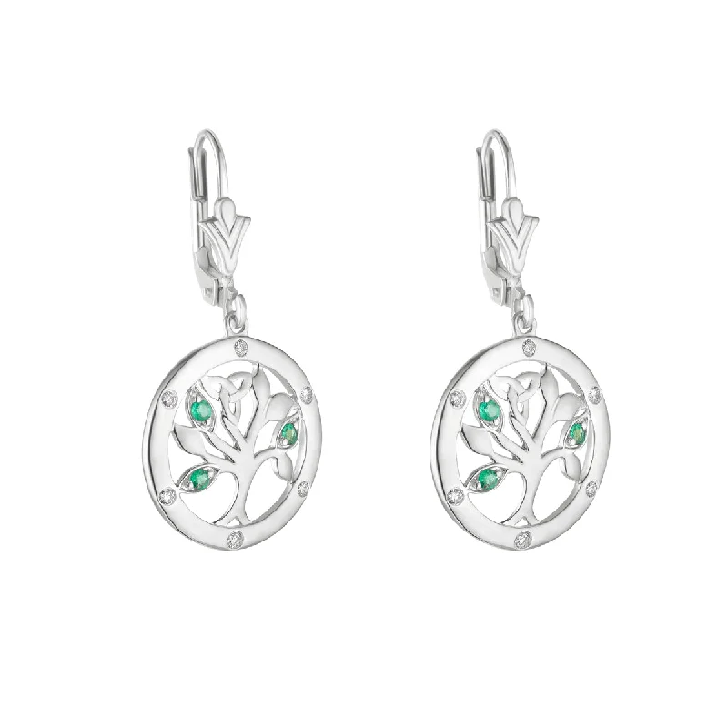 Medium Drop Earrings for Versatile-14K White Gold Flush Set Diamond Irish Tree Of Life Drop Earrings