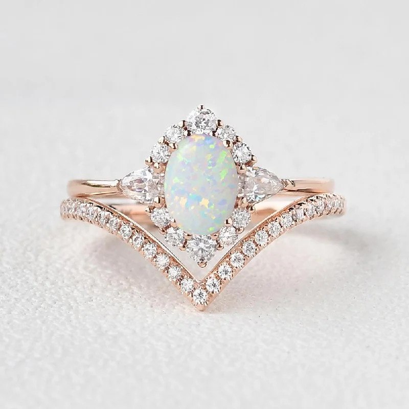 Rings perfect for mixing with thin stacks -1.5ct Oval Opal Halo Ring Set 2pcs