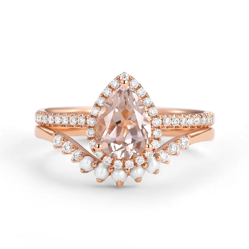 Bespoke rings crafted with custom stone selections -1.5ct Pear Morganite Pearl-fect Classic Halo Ring Set 2pcs