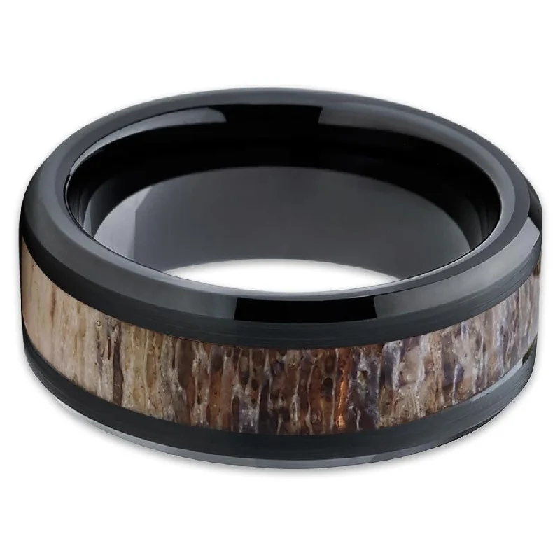 Stylish rings perfect for adding flair to outfits -10Mm Black Tungsten Carbide Wedding Ring With Deer Antler Inlay Comfort Fit