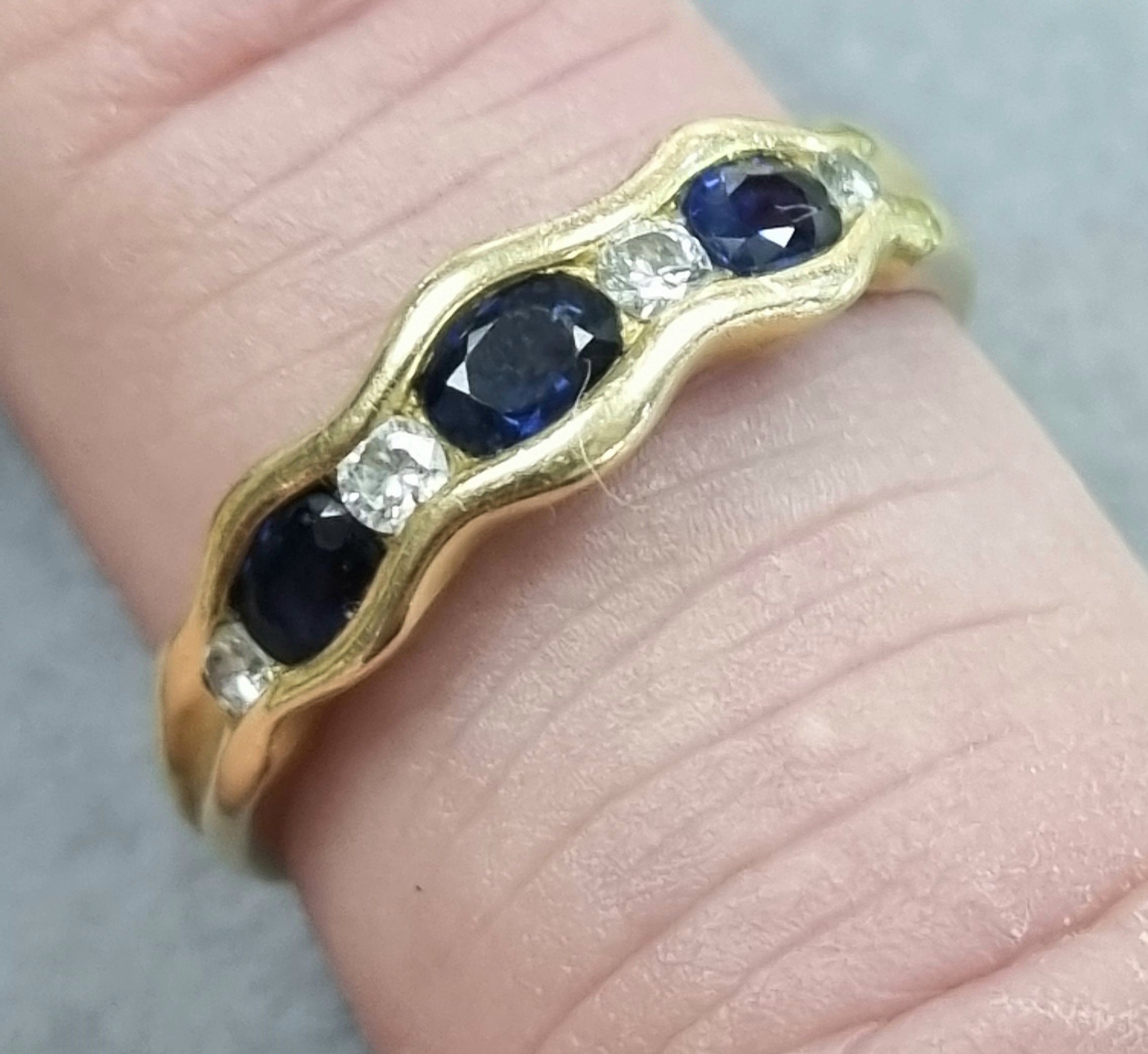 Rustic rings with hammered bands for texture -18ct Gold Diamond & Sapphire Ring