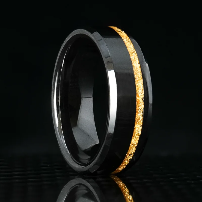 Party rings perfect for dazzling night events -24K Gold Leaf Ring on Black Ceramic | Offset Inlay