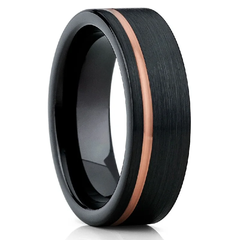 Gold rings bringing warm shine to fingers -6Mm Black Tungsten Wedding Ring Rose Gold Band Engagement Comfort Fit