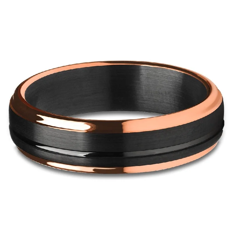 Large rings designed for striking finger impact -6Mm Black Tungsten Wedding Ring With Rose Gold Ip Plating Comfort Fit Sizes 613