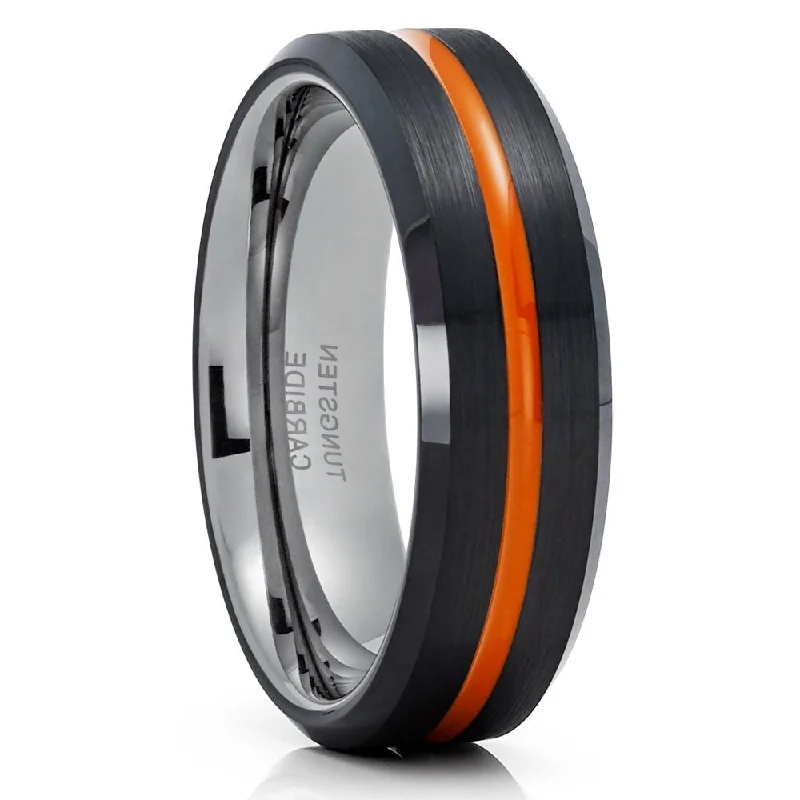 Rings with pave stones for twinkling brilliance -6Mm Orange Tungsten Ring Black Wedding Band Comfort Fit Cobalt Free Lifetime