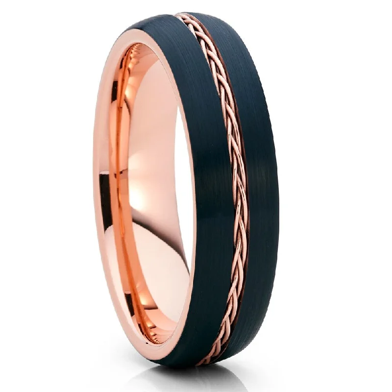 Handcrafted rings perfect for one-of-a-kind charm -6Mm Rose Gold Black Tungsten Carbide Ring Comfort Fit Wedding Anniversary Band