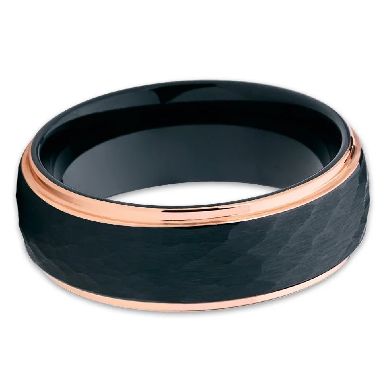 Subtle rings ideal for quiet everyday elegance -8Mm Black Tungsten Carbide Ring Rose Gold Wedding Band Comfort Fit Size 6.513