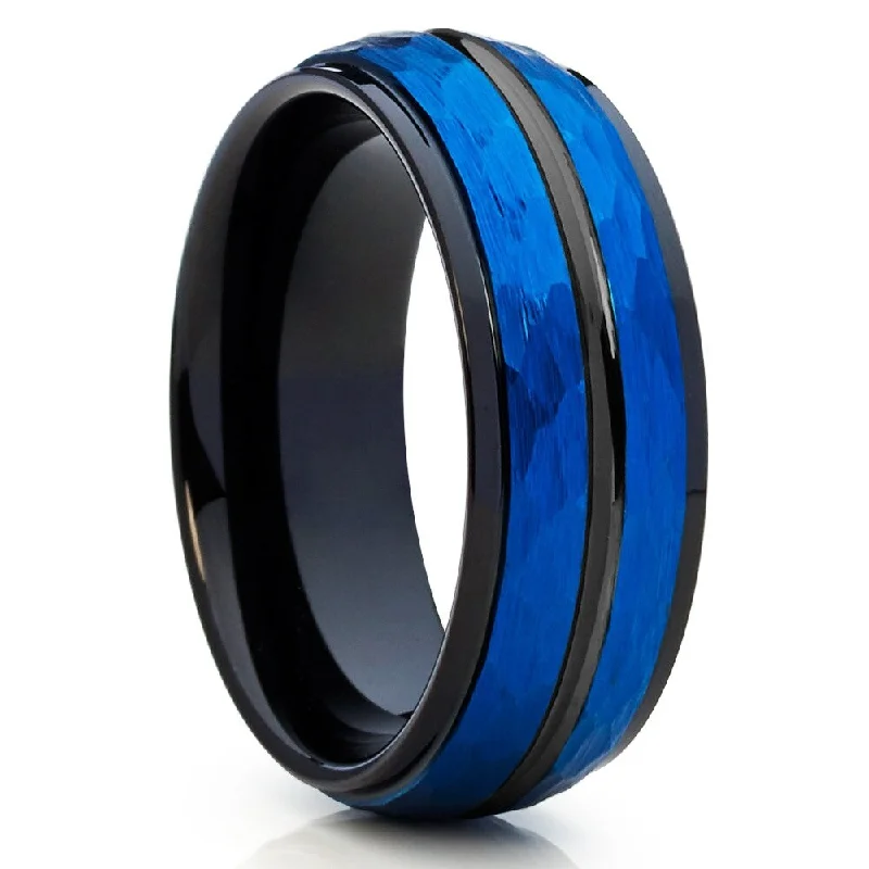 Gem-packed rings for colorful finger dazzle -8Mm Blue Tungsten Wedding Ring Comfort Fit Anniversary Band Cobalt Free