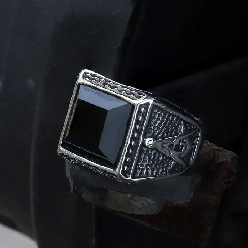 Rings featuring agate for natural stone stripes -Black Gemstone Stainless Steel Masonic Ring