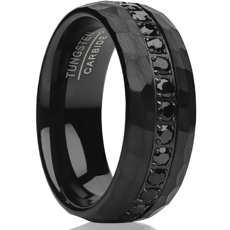 Rings inspired by rivers with flowing designs -Black Tungsten Ring 8Mm Hammered Wedding Ring With Cz Comfort Fit Cobalt Free