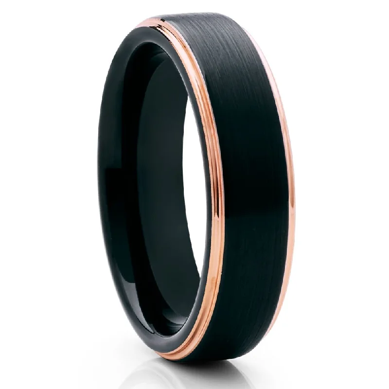 Silver rings offering sleek affordable finger style -Black Tungsten Wedding Band 6Mm Rose Gold Ip Plated Comfort Fit Carbide Ring