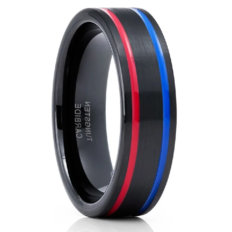 Rings great for celebrations with special gems -Black Tungsten Wedding Ring 6Mm Red Blue Inlay Comfort Fit Cobalt Free