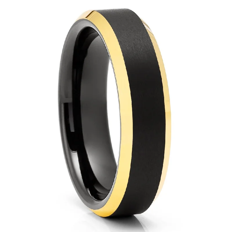 Rings featuring floral stones for gentle romance -Black Tungsten Wedding Ring 6Mm Yellow Gold Plated Comfort Fit Cobalt Free