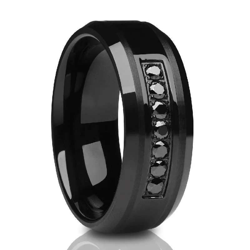 Pointed rings for clean modern finger style -Black Tungsten Wedding Ring 8Mm Comfort Fit Cz Inlay Cobalt Free Tungsten Carbide