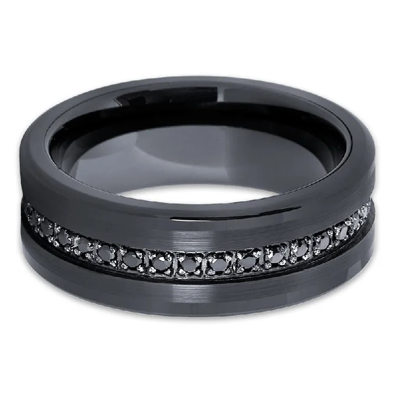 Rings featuring hematite for shiny dark glow -Black Tungsten Wedding Ring 8Mm Comfort Fit Cz Mans Band Jewelry Size 715