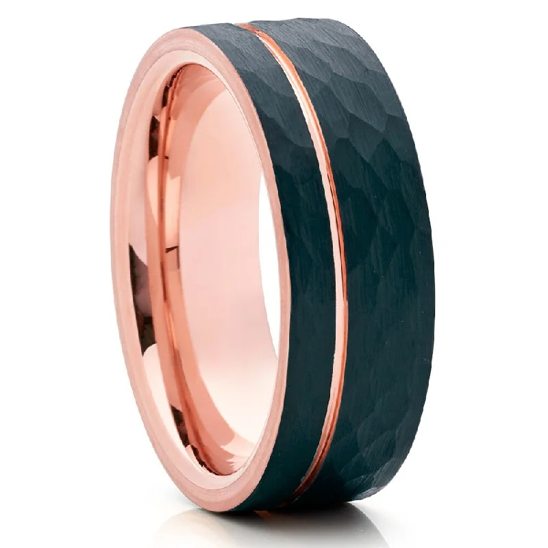 Rings inspired by night skies with sparkle -Black Tungsten Wedding Ring 8Mm Hammered Rose Gold Ip Comfort Fit Cobalt Free