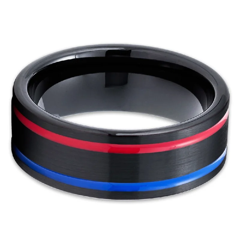 Rings featuring aquamarine for soothing blue tones -Black Tungsten Wedding Ring 8Mm Red Blue Inlay Comfort Fit Cobalt Free