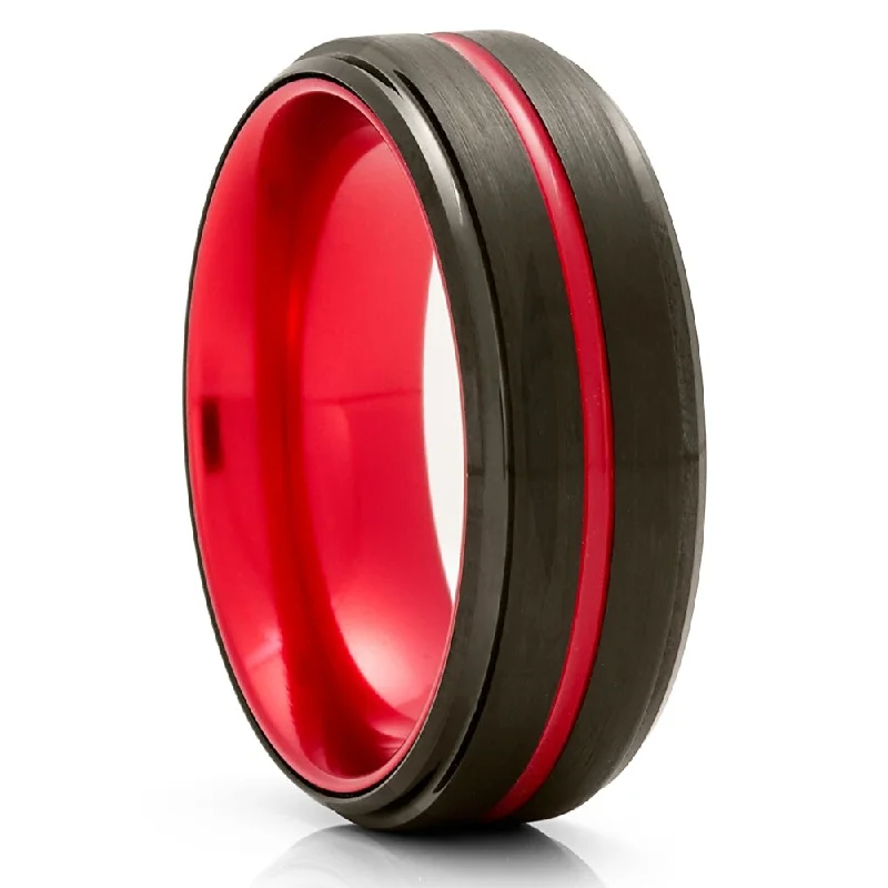 Rings made with lab stones for ethics -Black Tungsten Wedding Ring 8Mm Red Groove Comfort Fit Cobalt Free