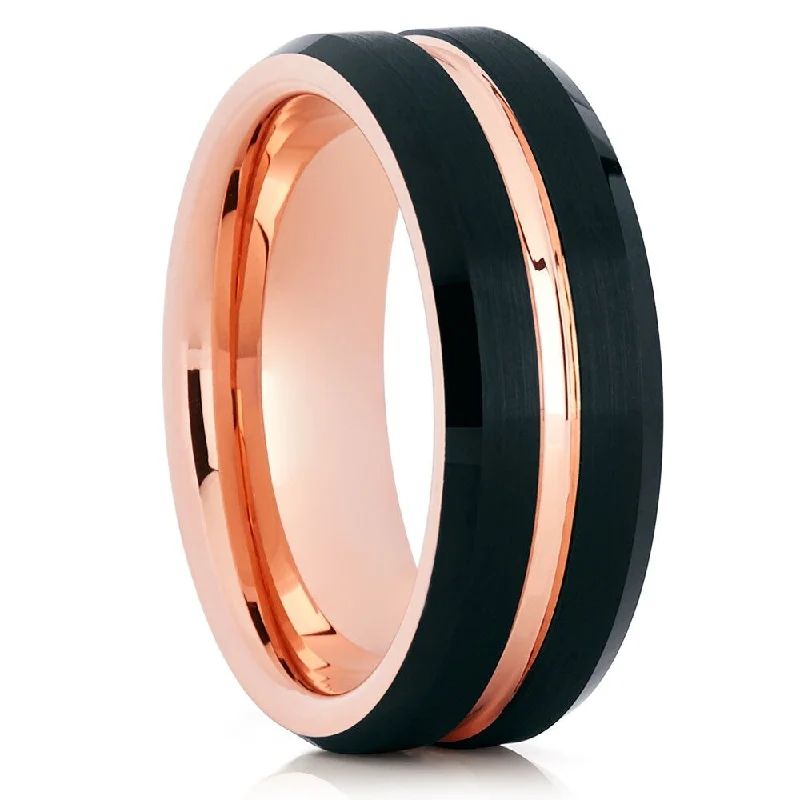 Rings featuring floral stones for gentle romance -Black Tungsten Wedding Ring 8Mm Rose Gold Comfort Fit Anniversary Band