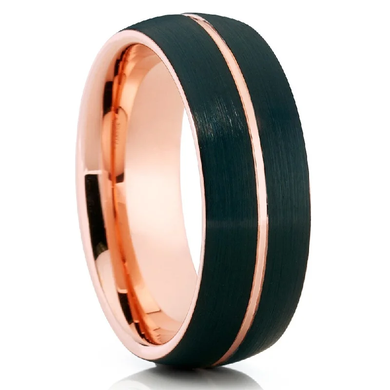 Glamorous rings showcasing brilliant oversized diamond stones -Black Tungsten Wedding Ring 8Mm Rose Gold Engagement Ring Comfort Fit