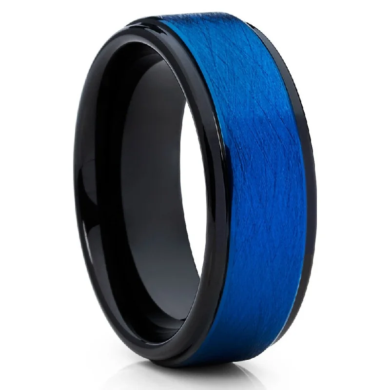 Rings crafted with recycled metals for eco-chic -Blue Black Tungsten Wedding Ring 8Mm Comfort Fit Cobalt Free Jewelry Grade