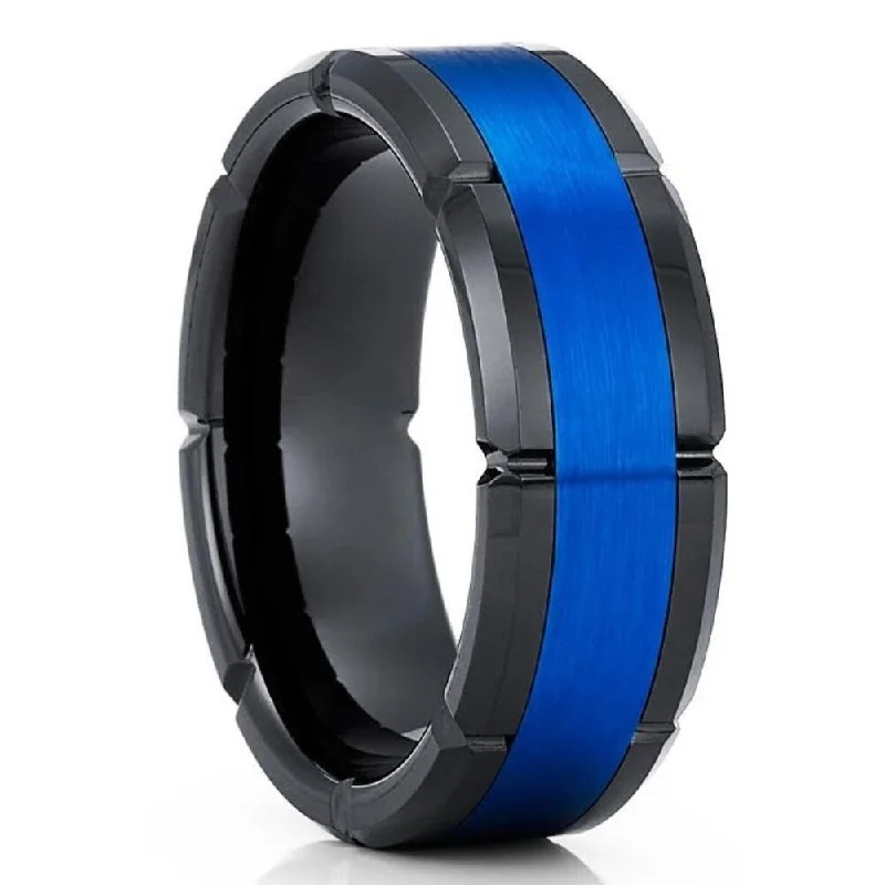 Bespoke rings crafted with custom stone selections -Blue Black Tungsten Wedding Ring 8Mm Comfort Fit Cobalt Free Jewelry Size 715