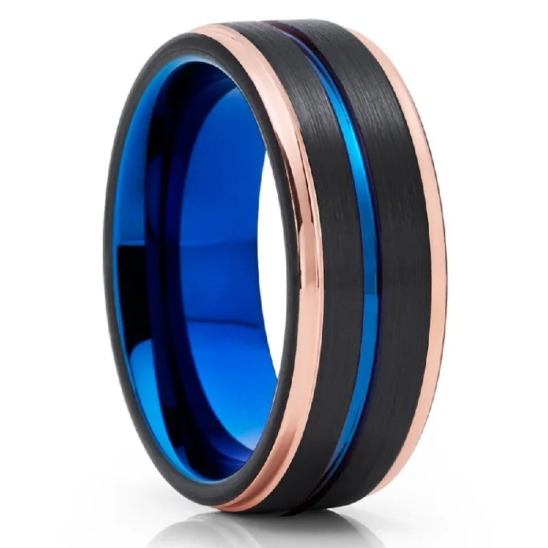 Rings featuring smoky quartz for subtle depth -Blue Tungsten Carbide Wedding Ring 6Mm With Rose Gold Ip Plating Comfort Fit