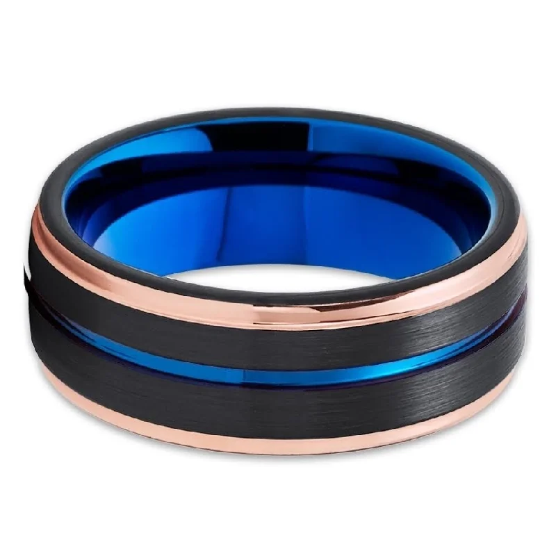 Rings featuring pearls for smooth timeless grace -Blue Tungsten Wedding Ring 8Mm Black Rose Gold Plated Comfort Fit Cobalt Free