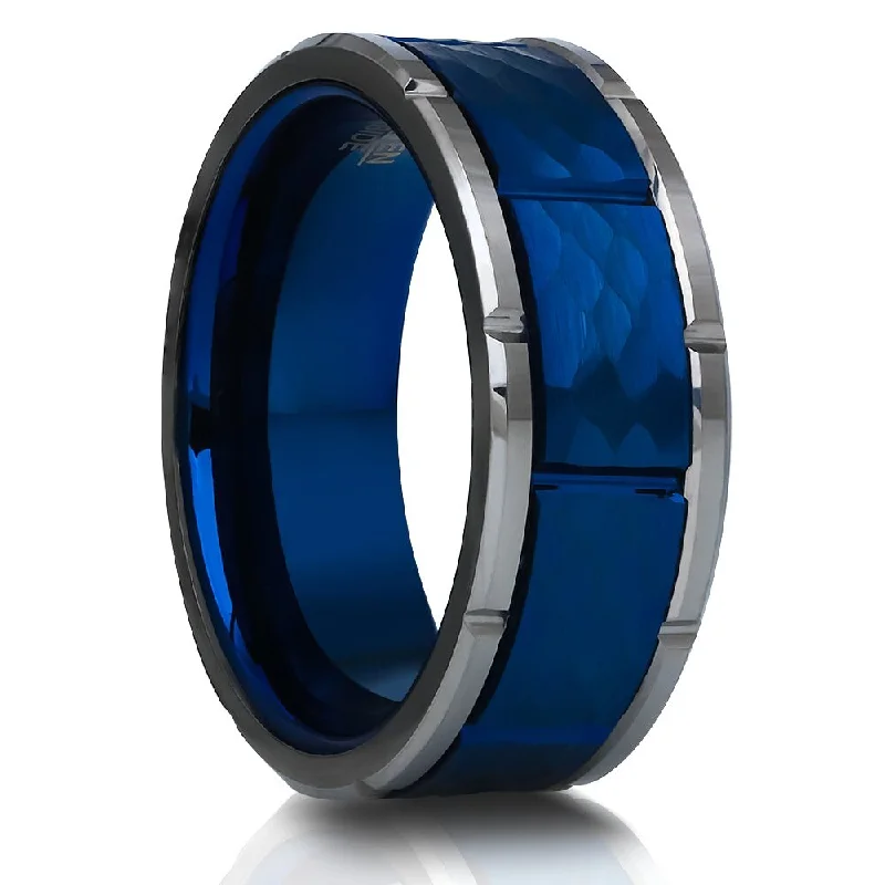 Layered rings designed for stacking with others -Blue Tungsten Wedding Ring 8Mm Hammered Finish Silver Edges Comfort Fit