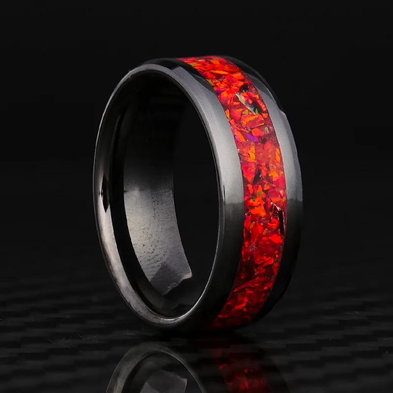 Rings great for celebrations with special gems -Crimson Red Opal Glowstone Ring on Black Ceramic