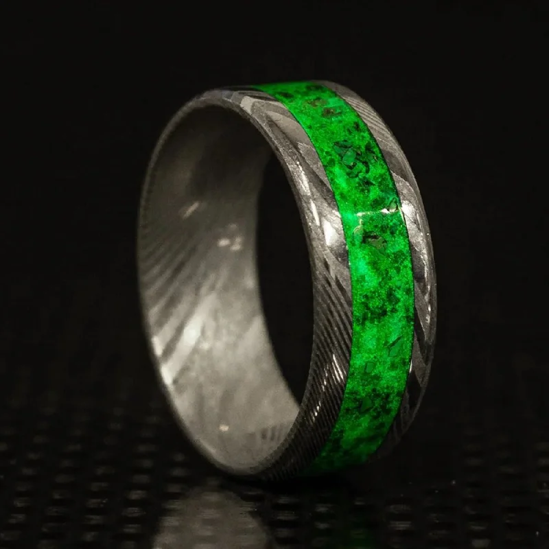 Rings featuring agate for natural stone stripes -Custom Twisted Damascus Glowstone Ring