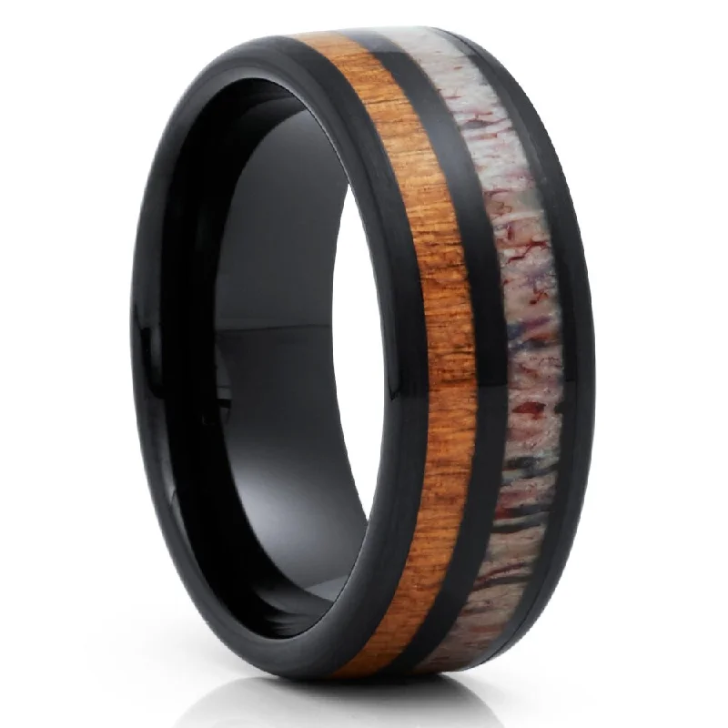 Bespoke rings crafted with custom stone selections -Deer Antler Black Tungsten Wedding Ring 8Mm Cherry Wood Inlay Comfort Fit