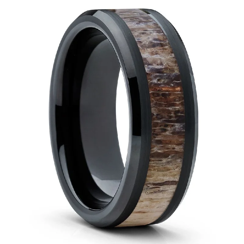 Dual-tone rings for mixing metal styles -Deer Antler Wedding Ring 8Mm Black Tungsten Carbide Comfort Fit Cobalt Free