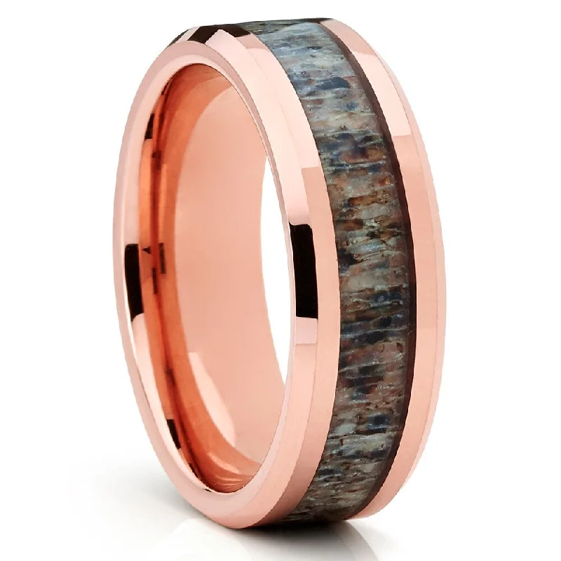 Rings inspired by vintage with gem flair -Deer Antler Wedding Ring Rose Gold Tungsten Band 8Mm Comfort Fit Size 613