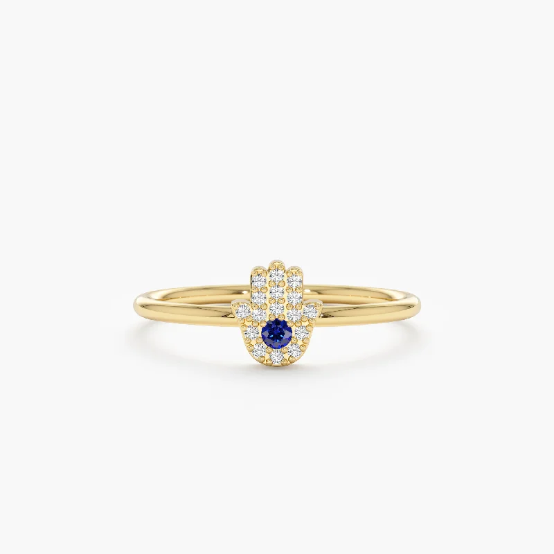 Rings featuring floral stones for gentle romance -Diamond and Sapphire Hamsa Ring, Edina