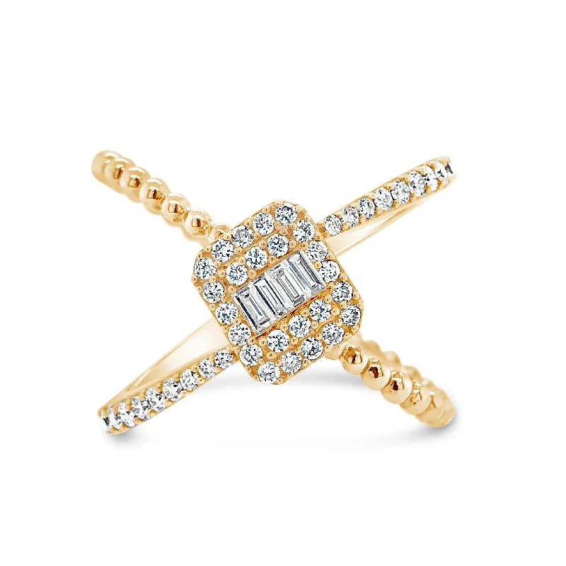 Striking rings with unique cuts for bold looks -Diamond Criss-cross with Baguette Center Fashion Ring