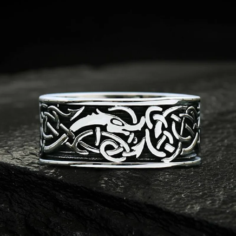 Party rings perfect for dazzling night events -Dragon Head Celtic Knot Stainless Steel Viking Ring