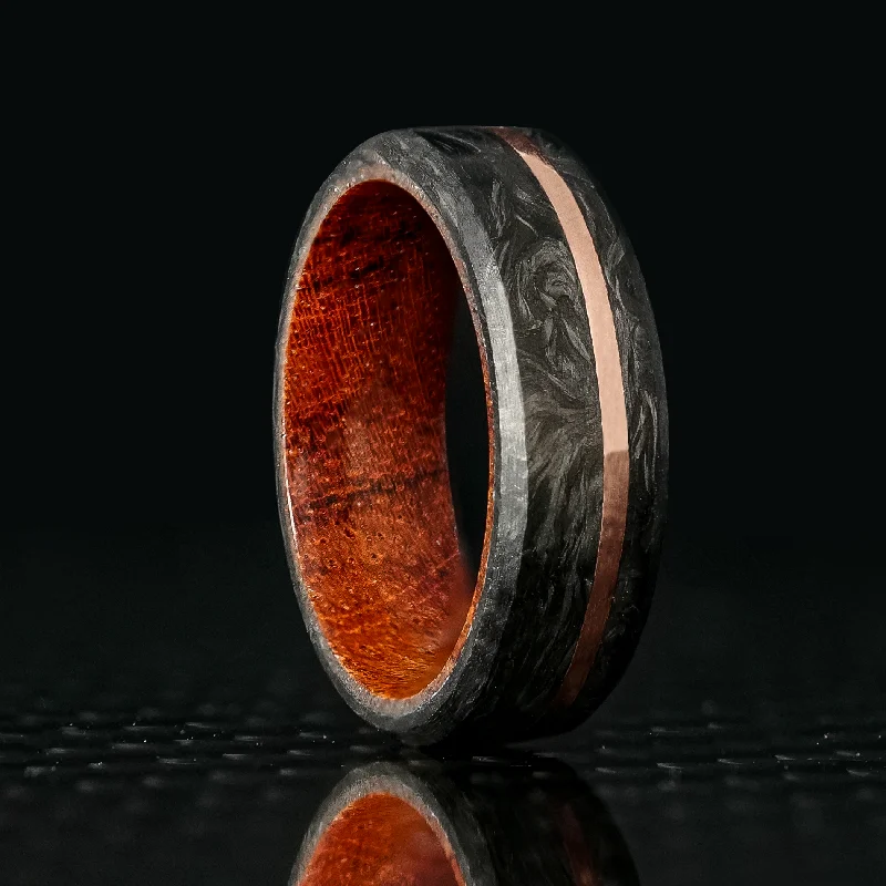 Stylish rings perfect for adding flair to outfits -Forged Carbon Fiber and Gold Ring with Koa Wood Liner