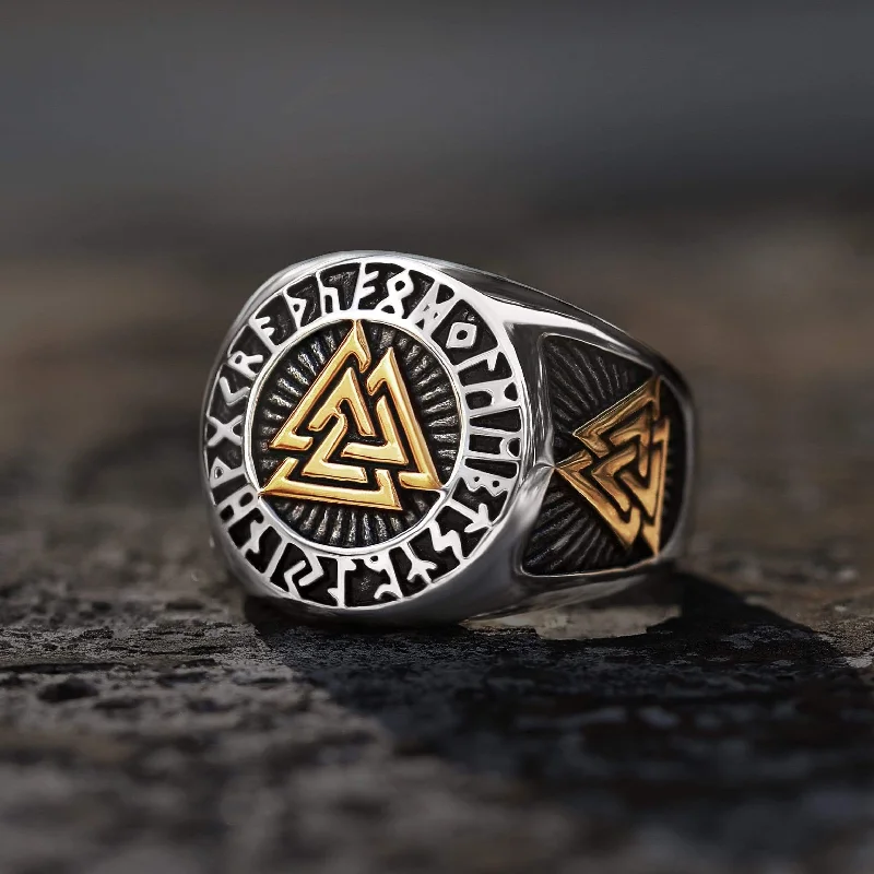 Rings perfect for youth with bright stones -Runes Valknut Triangle Stainless Steel Viking Ring