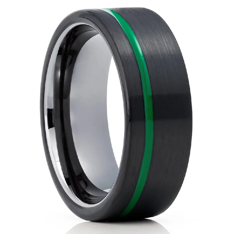 Polished rings with satin finish for chic -Gunmetal Tungsten Wedding Ring 8Mm Black Tungsten Anniversary Ring Green Inlay