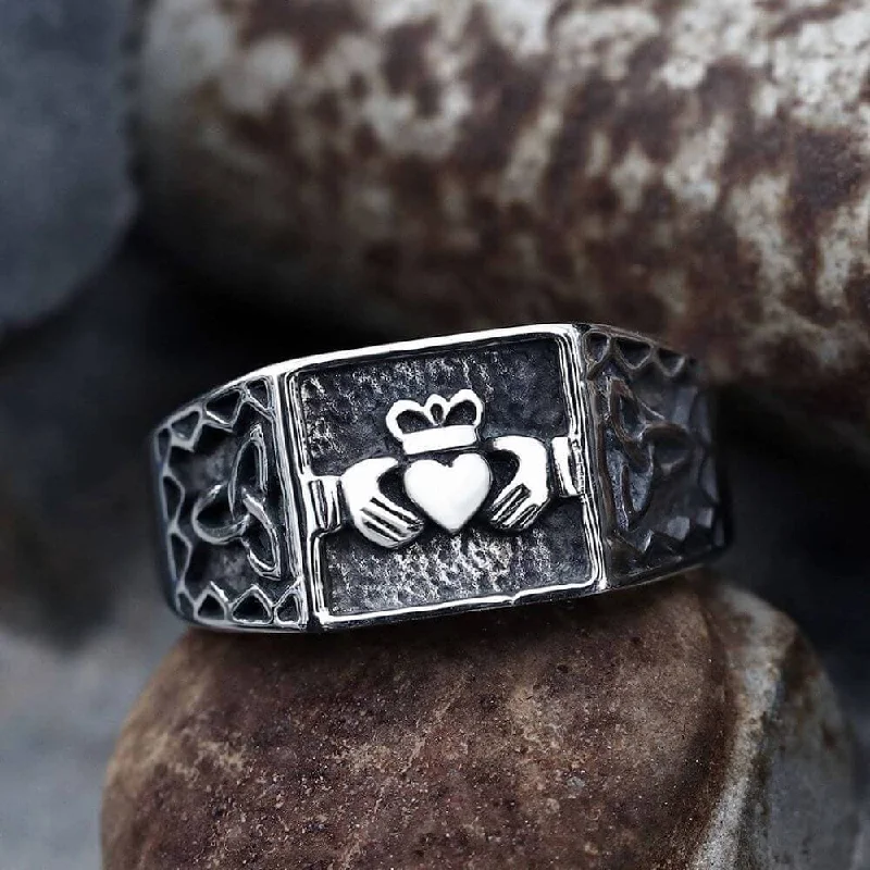 Tough rings designed for men with bold style -Irish Claddagh Stainless Steel Celtic Knots Ring