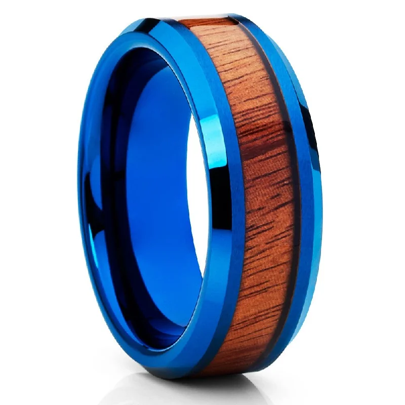 Rings great for celebrations with special gems -Koa Wood Tungsten Wedding Ring 8Mm Blue Comfort Fit Cobalt Free Engagement Ring