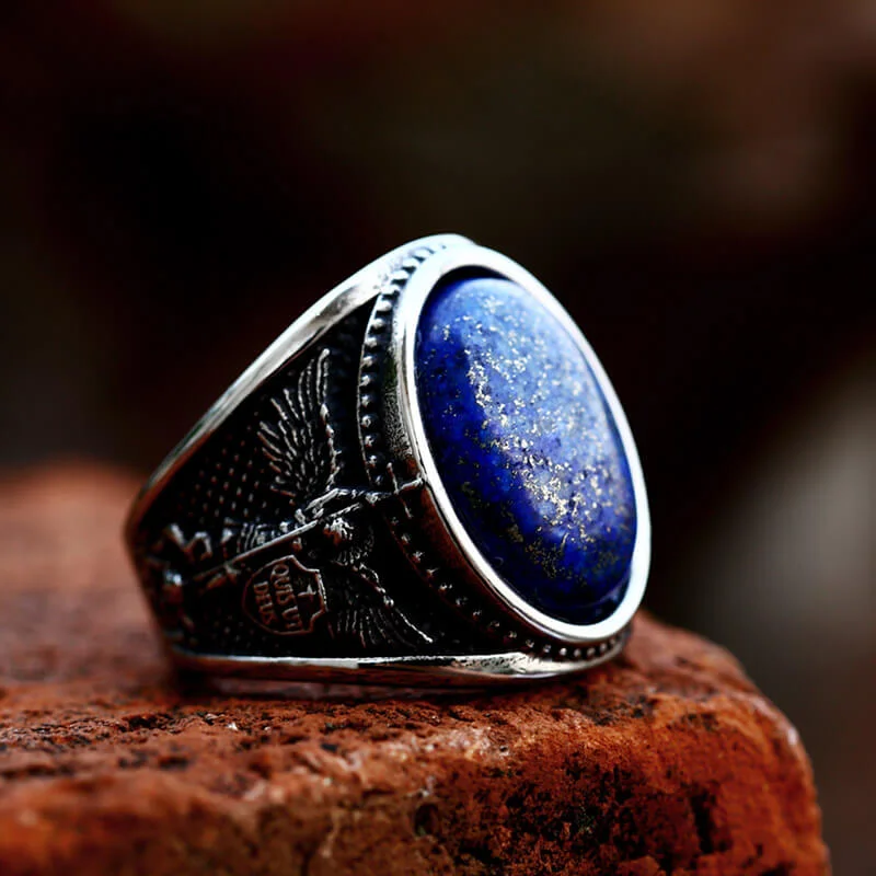 Airy rings ideal for constant finger wear -Lapis Lazuli Archangel Michael Stainless Steel Gemstone Ring